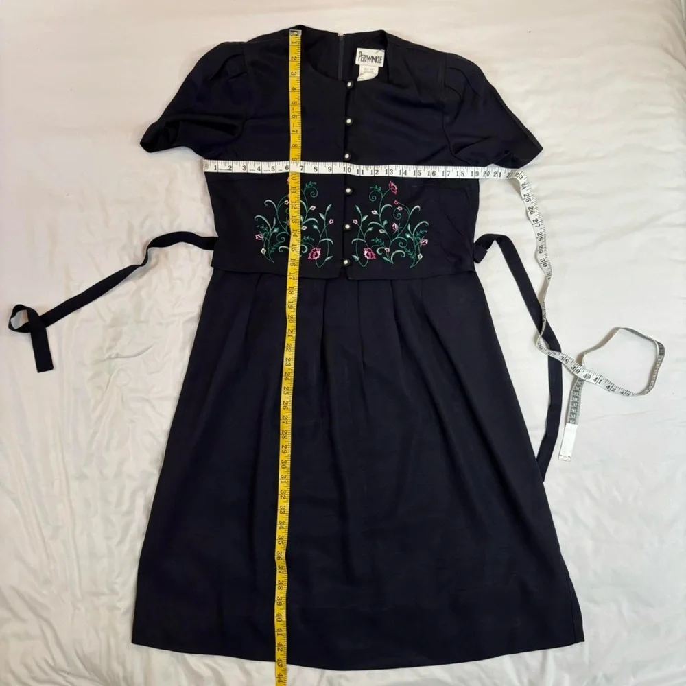 Navy Floral Embroidery Midi Dress w/‎ Button Down Bodice VTG 80s/90s S/M